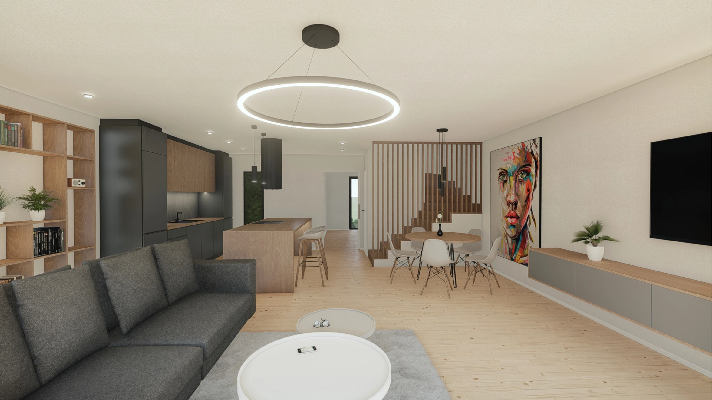 Vizualizace moderního rodinného domu s elegantní fasádou, velkými okny a minimalistickým architektonickým stylem. Stavební projekt od Tomáše Juřínka.