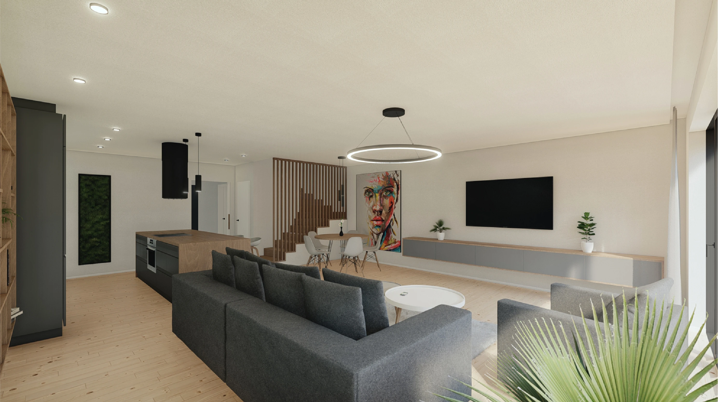 Stavební projekt moderního rodinného domu s minimalistickým designem, velkými prosklenými plochami a plochou střechou. Realizace od Tomáše Juřínka.