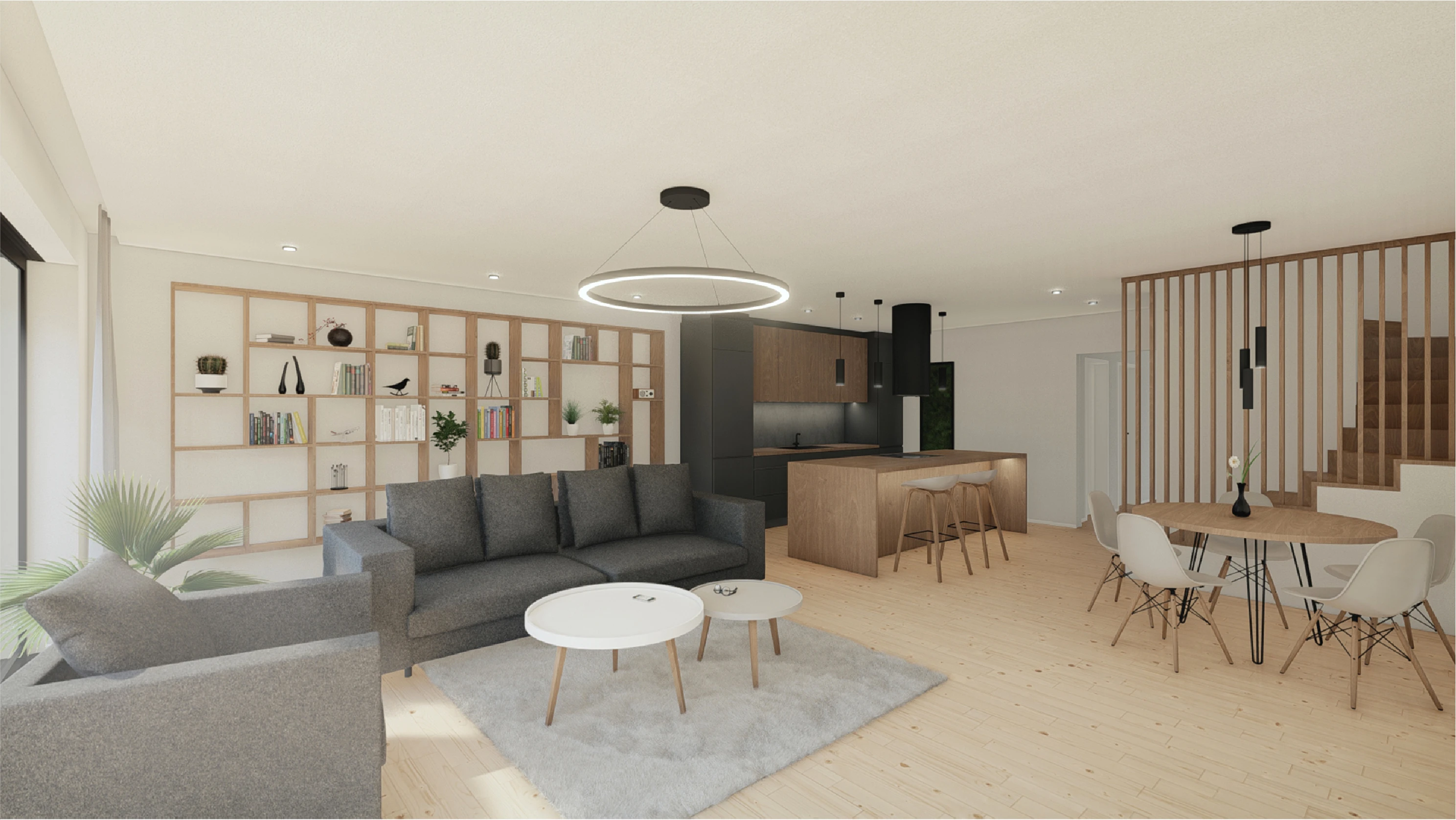 Moderní rodinný dům s minimalistickým designem, plochou střechou a velkoformátovými okny, harmonicky zasazený do přírodního prostředí. Stavební projekt od Tomáše Juřínka.