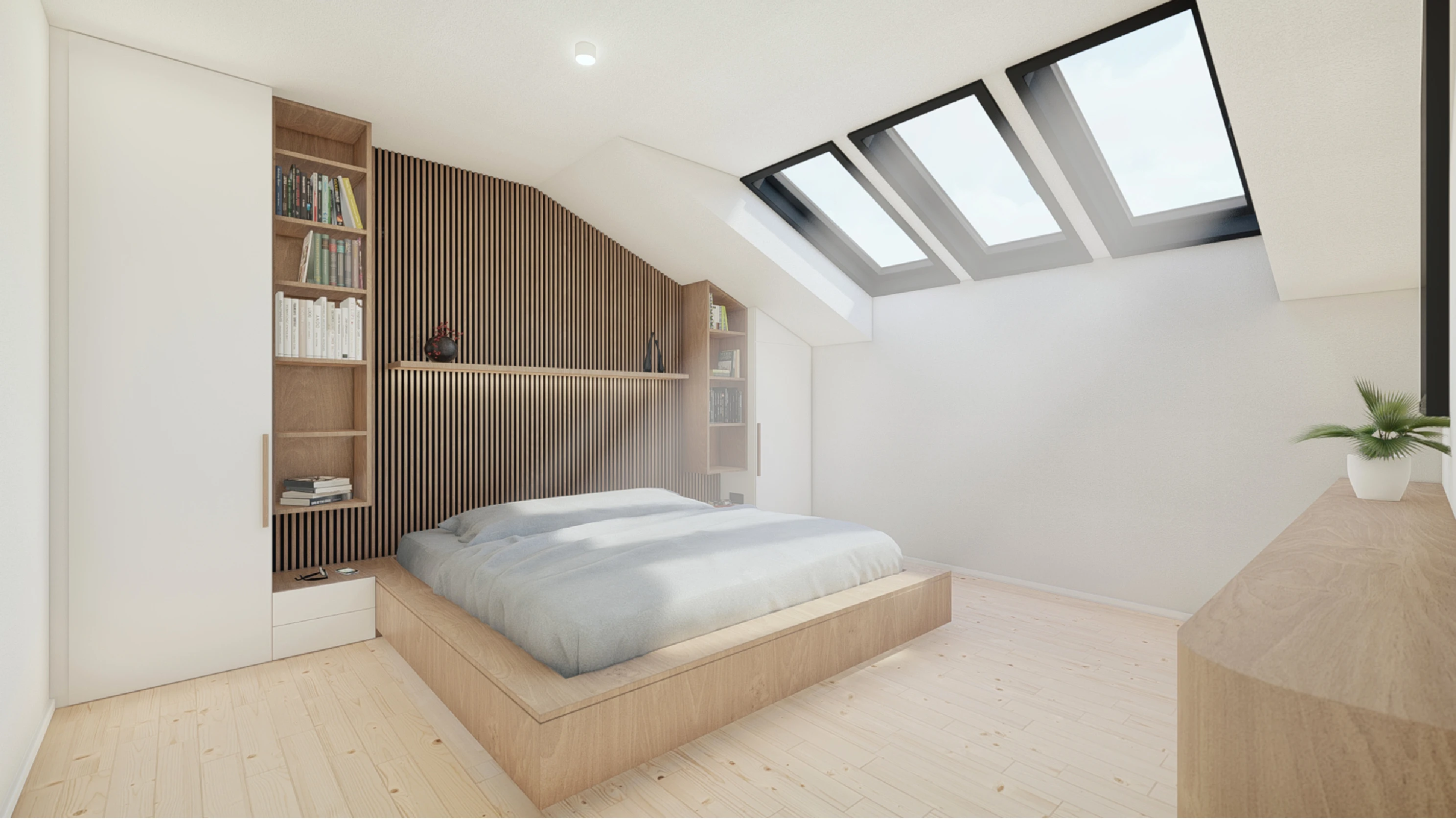 Moderní rodinný dům s plochou střechou, velkoformátovými okny a minimalistickým designem zasazený do přírodního prostředí. Stavební projekt od Tomáše Juřínka.