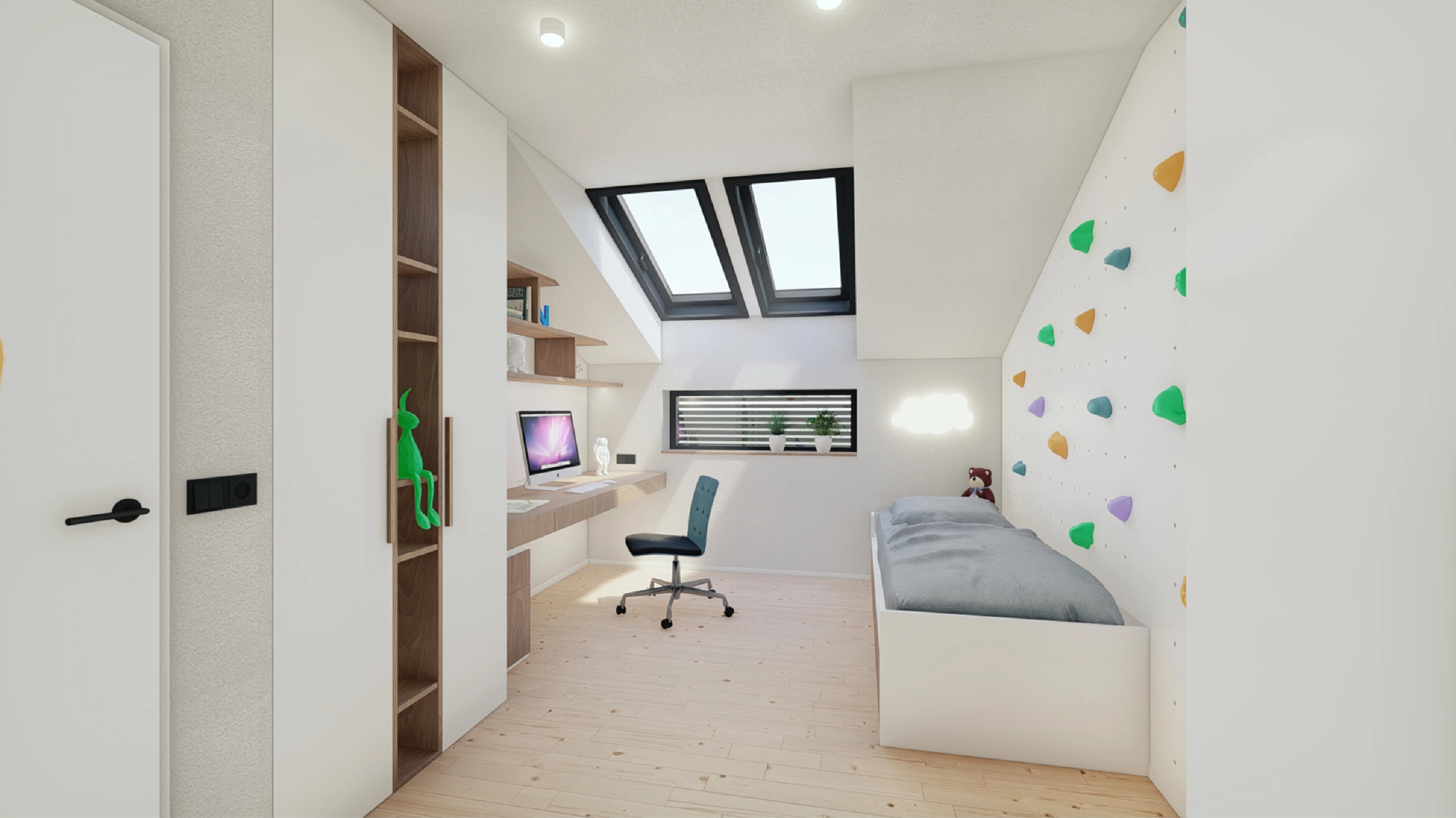 Moderní rodinný dům ve fázi výstavby s minimalistickou architekturou, velkými prosklenými plochami a promyšleným dispozičním řešením. Stavební projekt od Tomáše Juřínka.